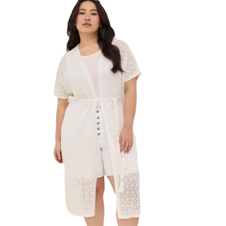Torrid White Open Crochet Short Sleeve Tie Waist Duster Sweater Womans Size 3/4